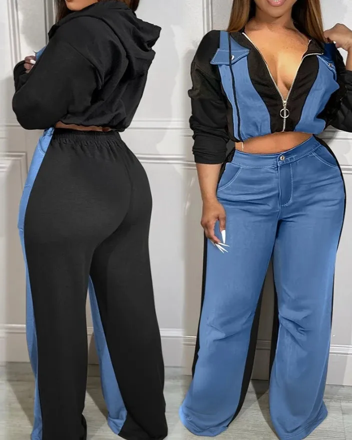 Joskaa Elegant Two Piece Set for Women Cowboy Blue Color Blocked Zip Up Hoodies High Waisted Casual Daily Sporty Straight Leg Pants Set