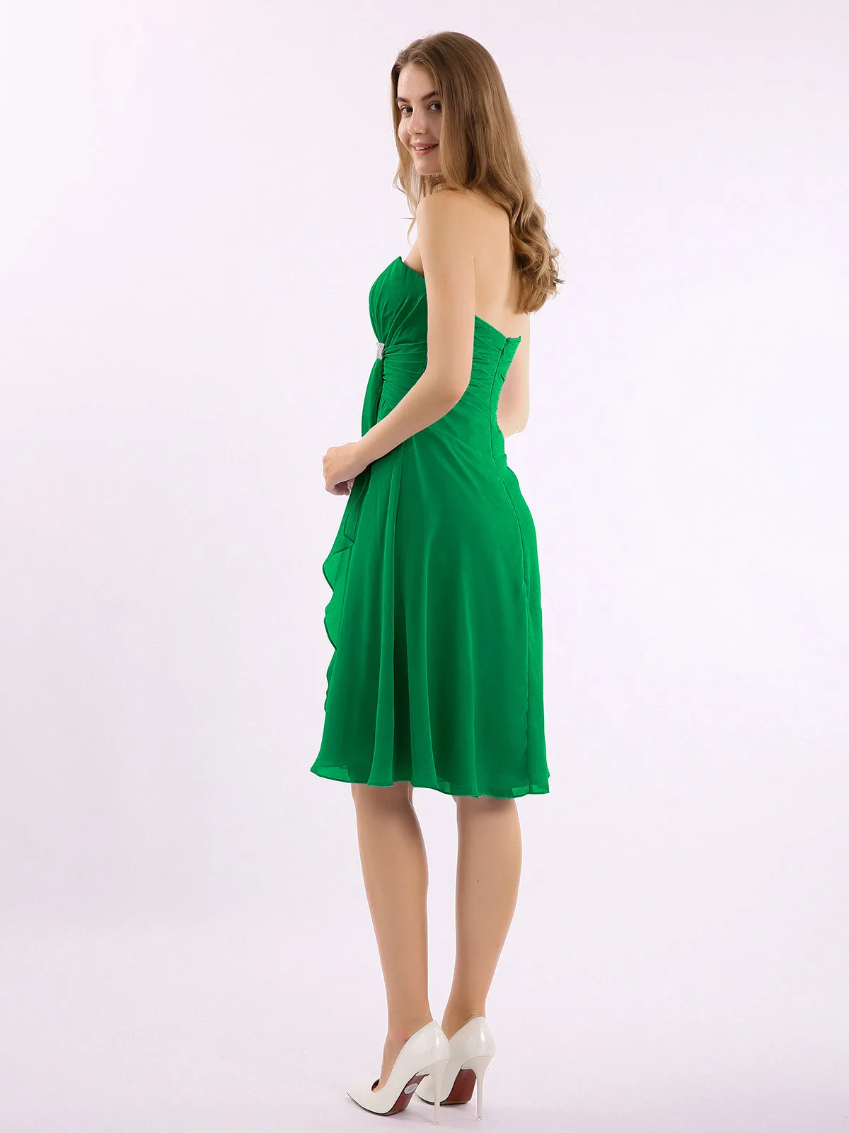 Knee Length Chiffon Dress with Sweetheart Neck-Emerald
