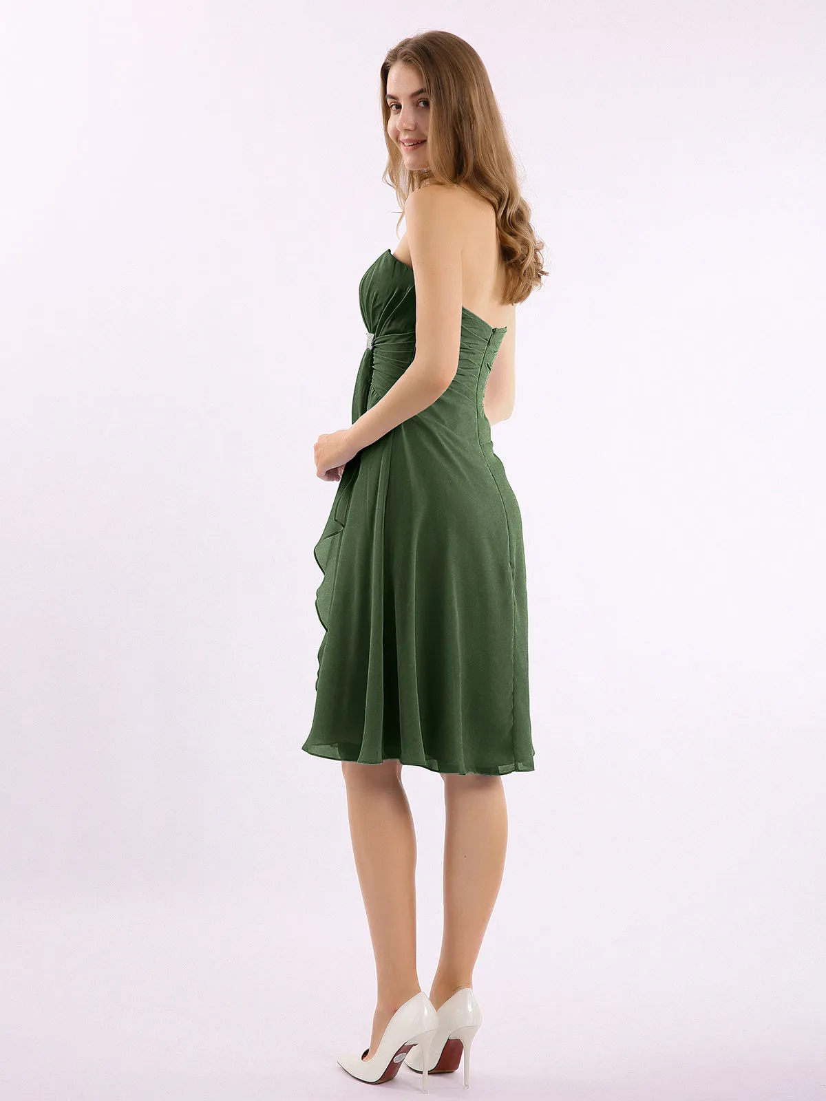 Knee Length Chiffon Dress with Sweetheart Neck-Olive Green Plus Size