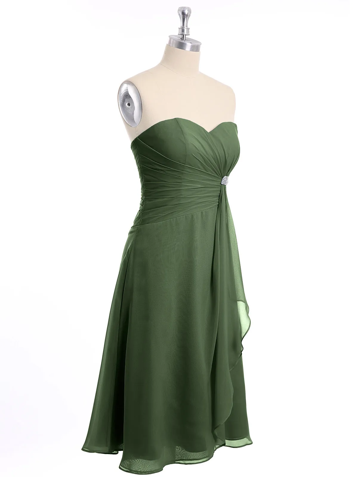 Knee Length Chiffon Dress with Sweetheart Neck-Olive Green Plus Size