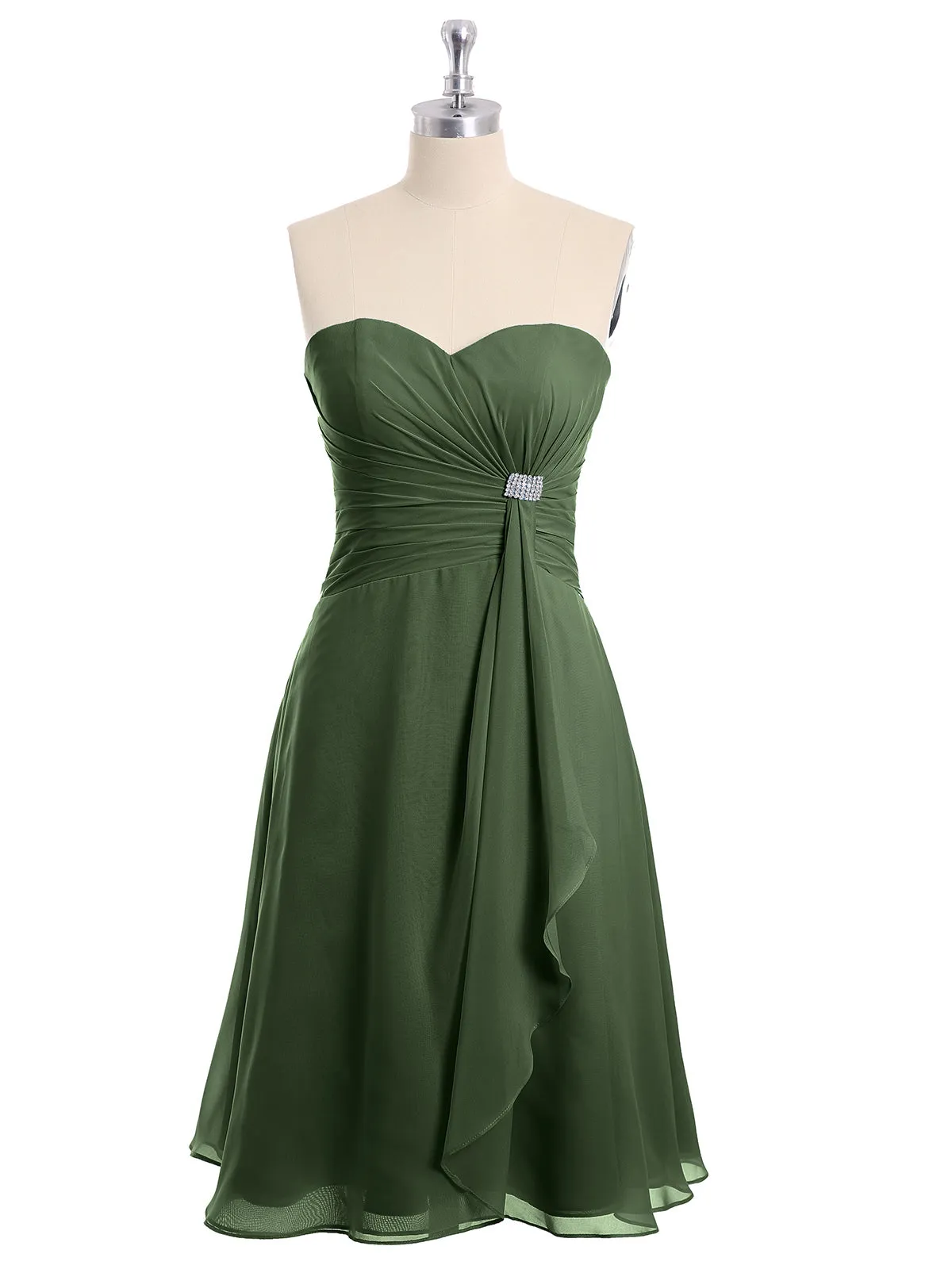 Knee Length Chiffon Dress with Sweetheart Neck-Olive Green Plus Size
