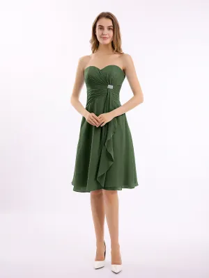 Knee Length Chiffon Dress with Sweetheart Neck-Olive Green Plus Size