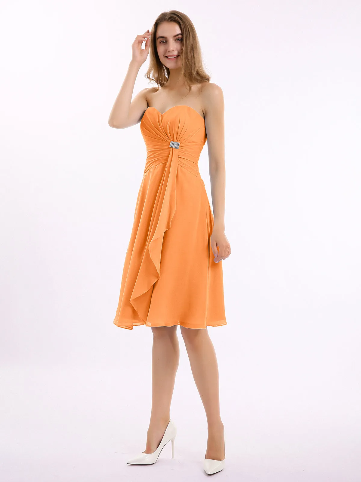 Knee Length Chiffon Dress with Sweetheart Neck-Orange Plus Size