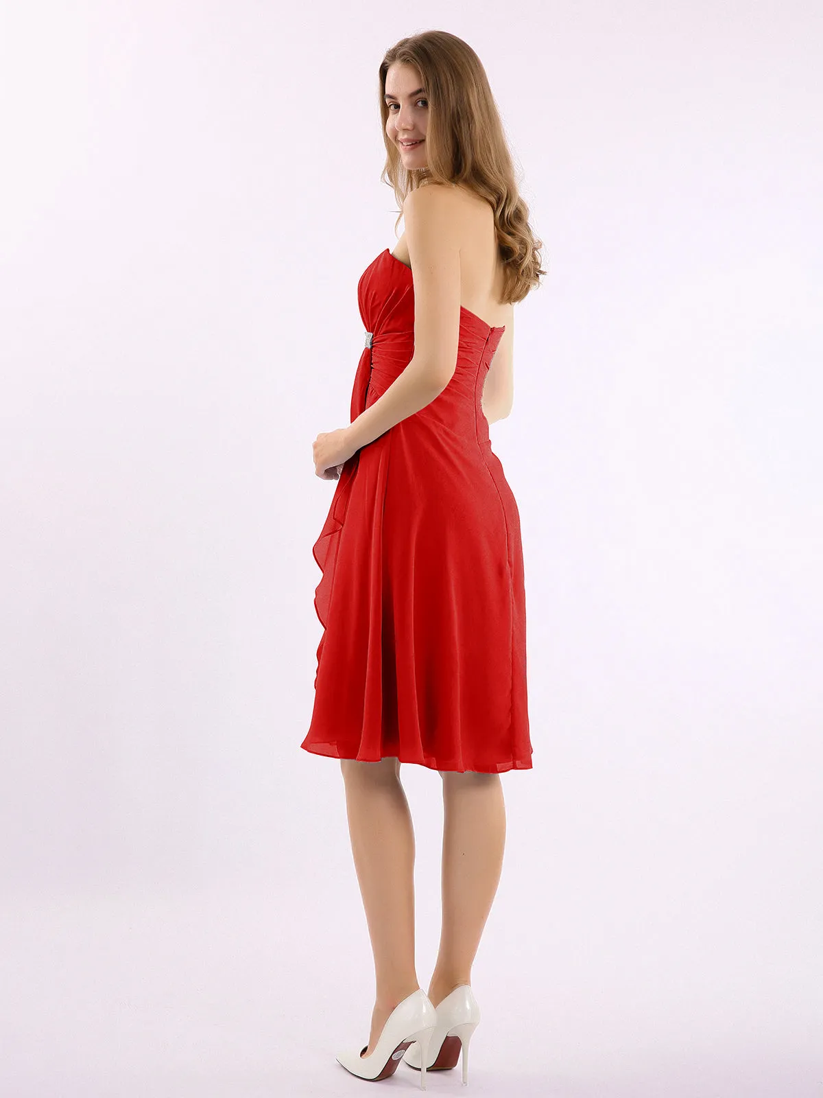 Knee Length Chiffon Dress with Sweetheart Neck-Red