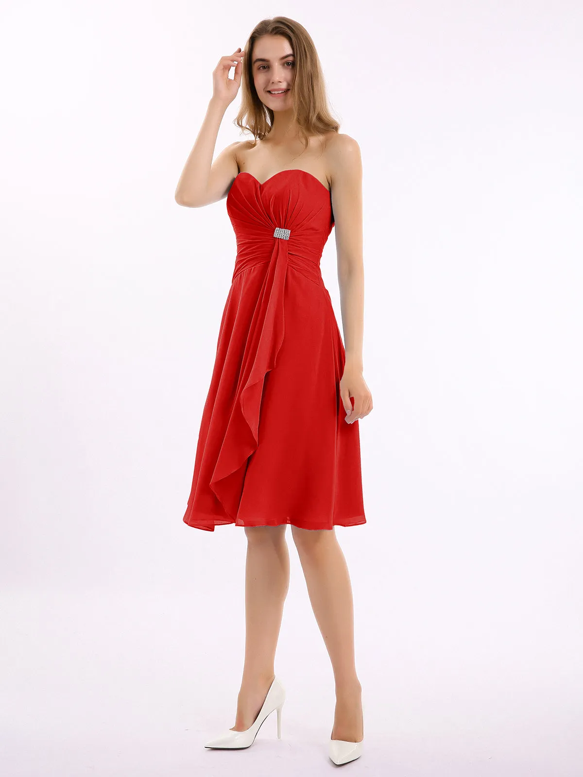 Knee Length Chiffon Dress with Sweetheart Neck-Red