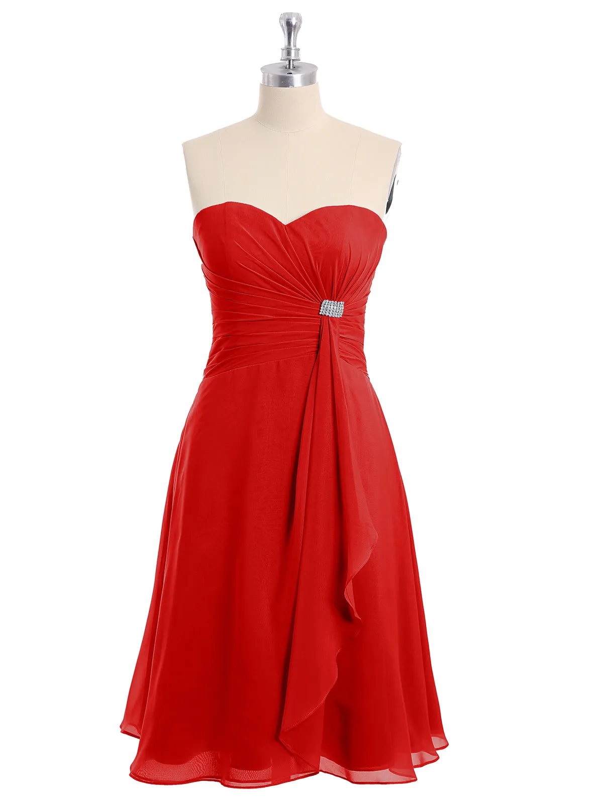 Knee Length Chiffon Dress with Sweetheart Neck-Red