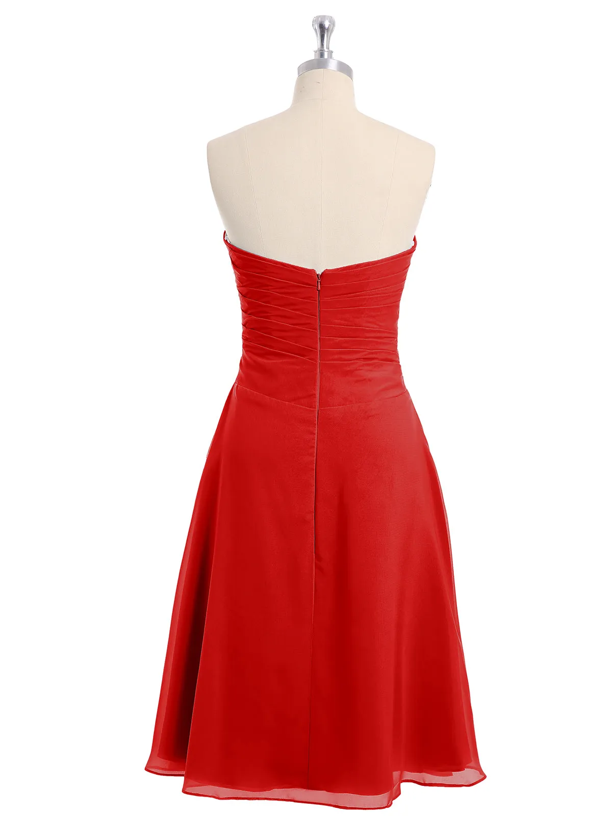 Knee Length Chiffon Dress with Sweetheart Neck-Red