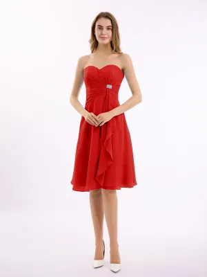 Knee Length Chiffon Dress with Sweetheart Neck-Red