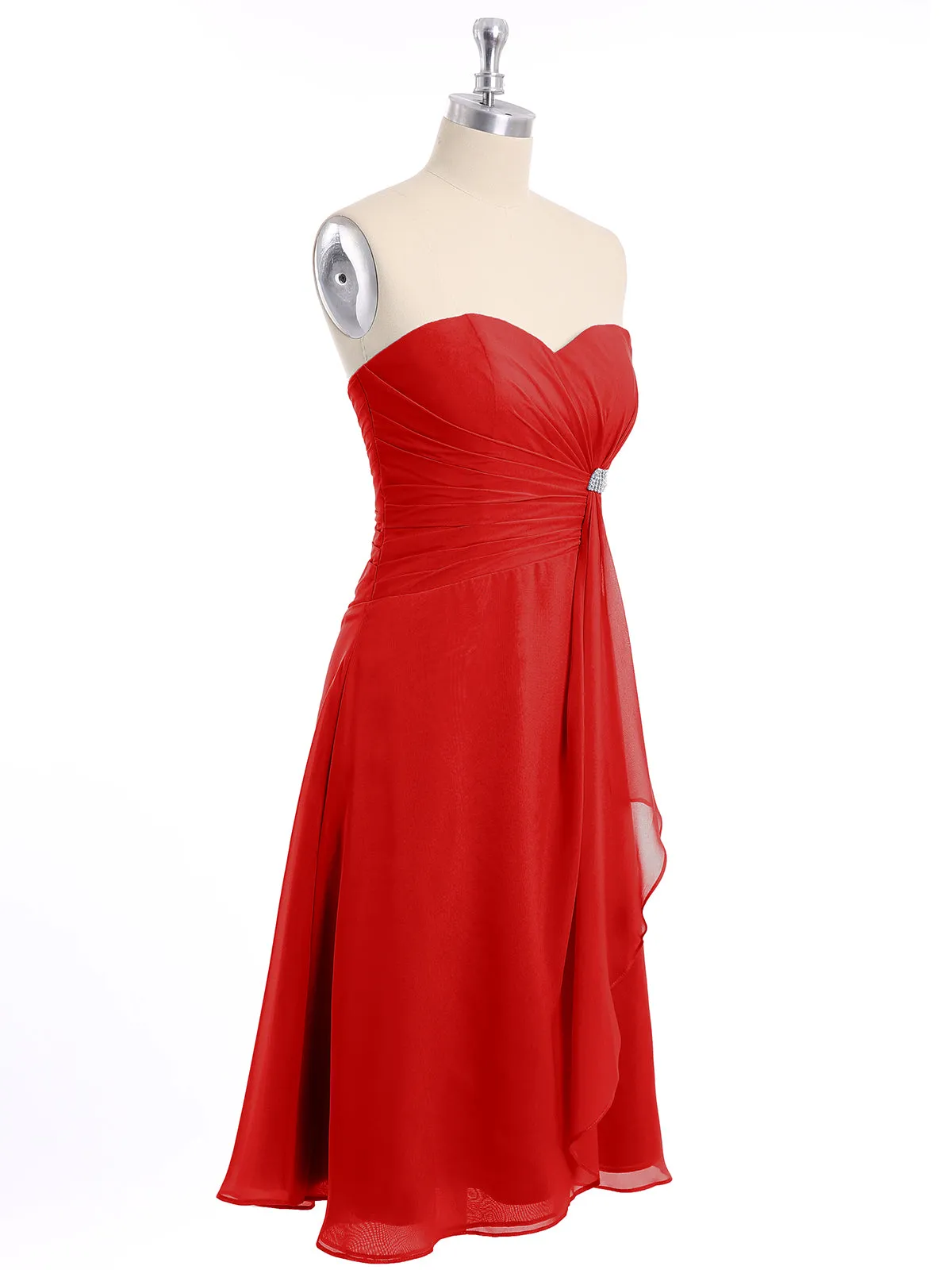 Knee Length Chiffon Dress with Sweetheart Neck-Red
