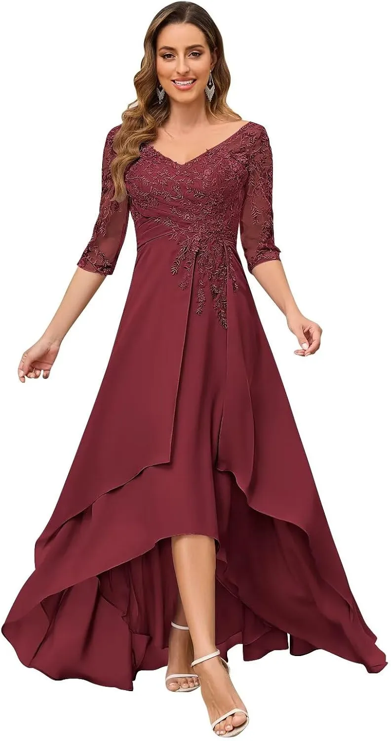 Lace Appliques Mother of The Bride Dresses 3/4 Sleeves High Low Formal Evening Party Dress