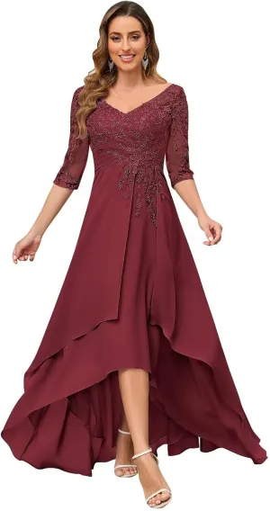 Lace Appliques Mother of The Bride Dresses 3/4 Sleeves High Low Formal Evening Party Dress