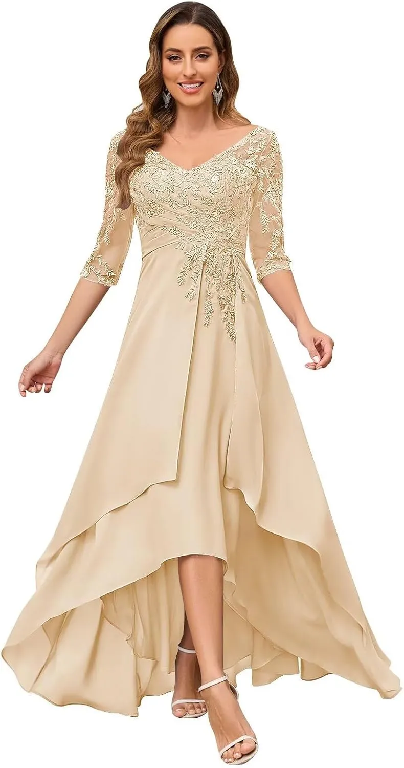Lace Appliques Mother of The Bride Dresses 3/4 Sleeves High Low Formal Evening Party Dress