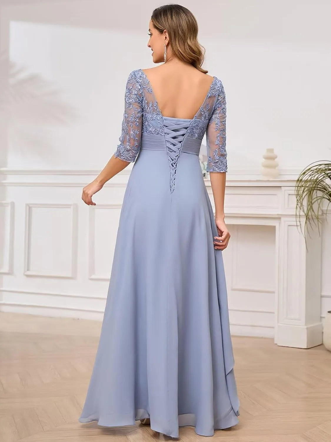 Lace Appliques Mother of The Bride Dresses 3/4 Sleeves High Low Formal Evening Party Dress