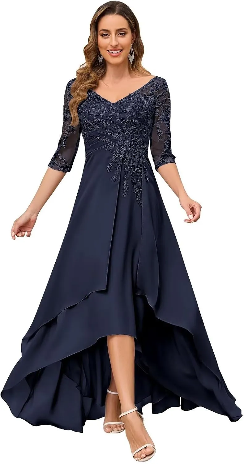 Lace Appliques Mother of The Bride Dresses 3/4 Sleeves High Low Formal Evening Party Dress