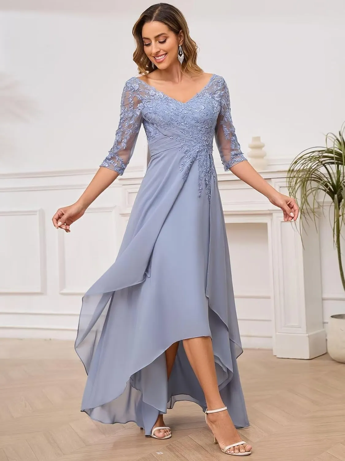 Lace Appliques Mother of The Bride Dresses 3/4 Sleeves High Low Formal Evening Party Dress