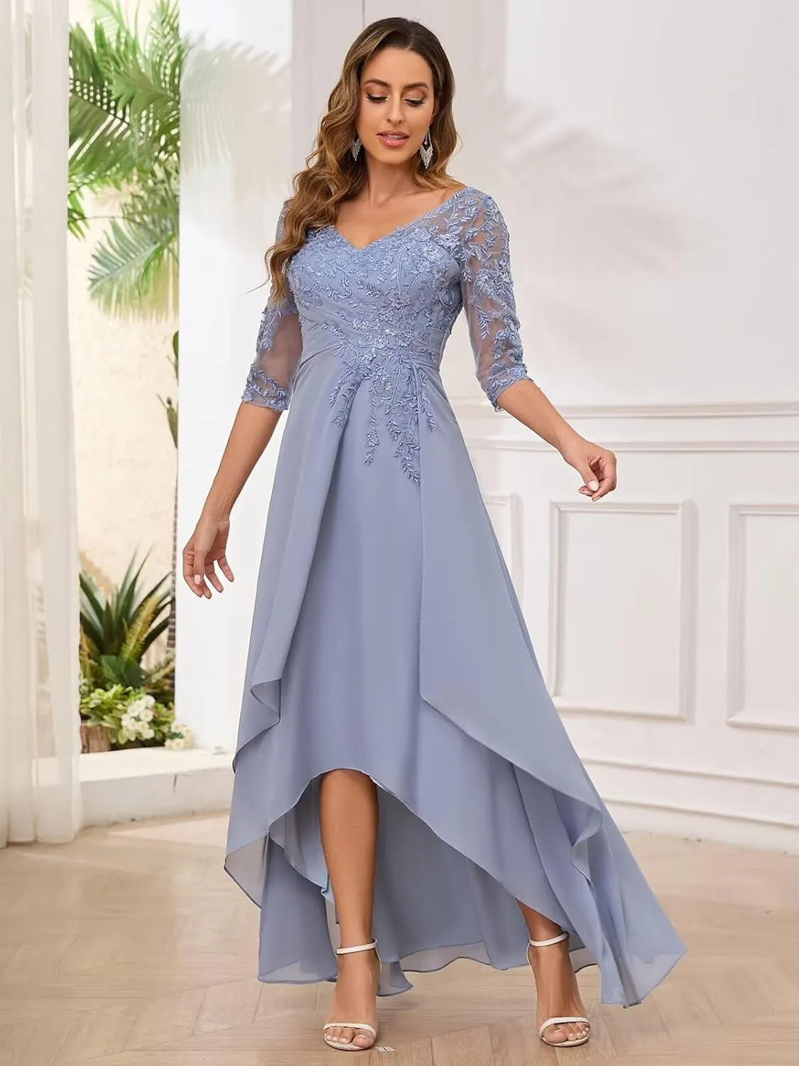 Lace Appliques Mother of The Bride Dresses 3/4 Sleeves High Low Formal Evening Party Dress