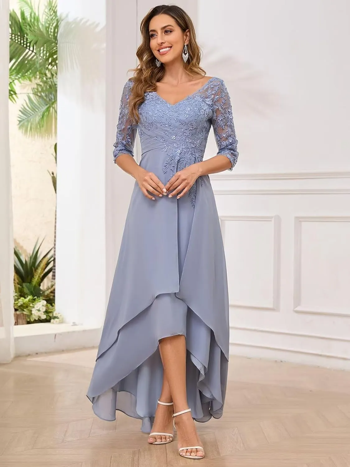 Lace Appliques Mother of The Bride Dresses 3/4 Sleeves High Low Formal Evening Party Dress