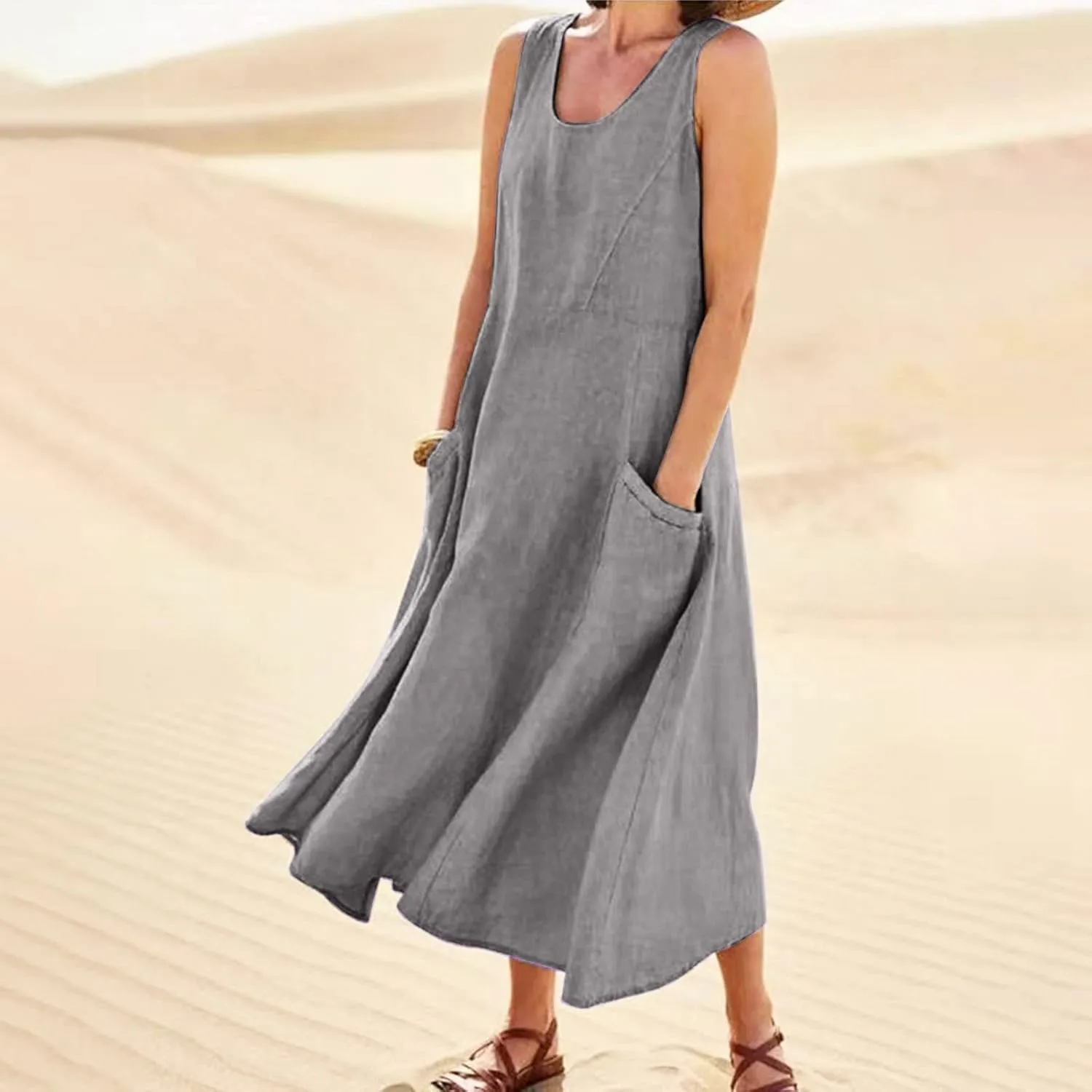 Linen Dresses for Women 2025 Boho Sleeveless Plus Size Maxi Dresses Summer Casual Vacation Beach Dresses with Pockets