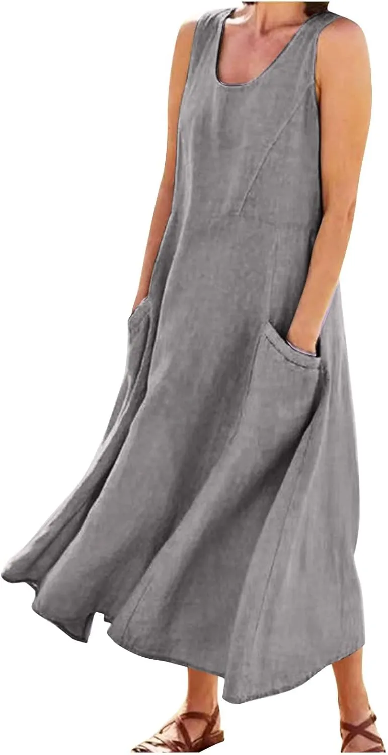 Linen Dresses for Women 2025 Boho Sleeveless Plus Size Maxi Dresses Summer Casual Vacation Beach Dresses with Pockets