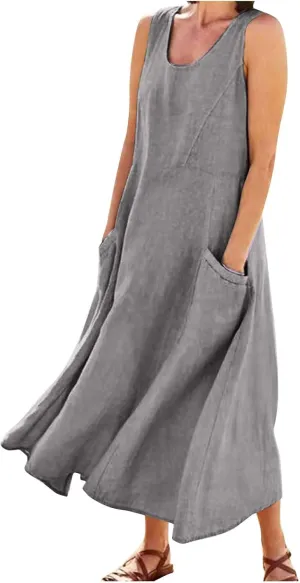 Linen Dresses for Women 2025 Boho Sleeveless Plus Size Maxi Dresses Summer Casual Vacation Beach Dresses with Pockets