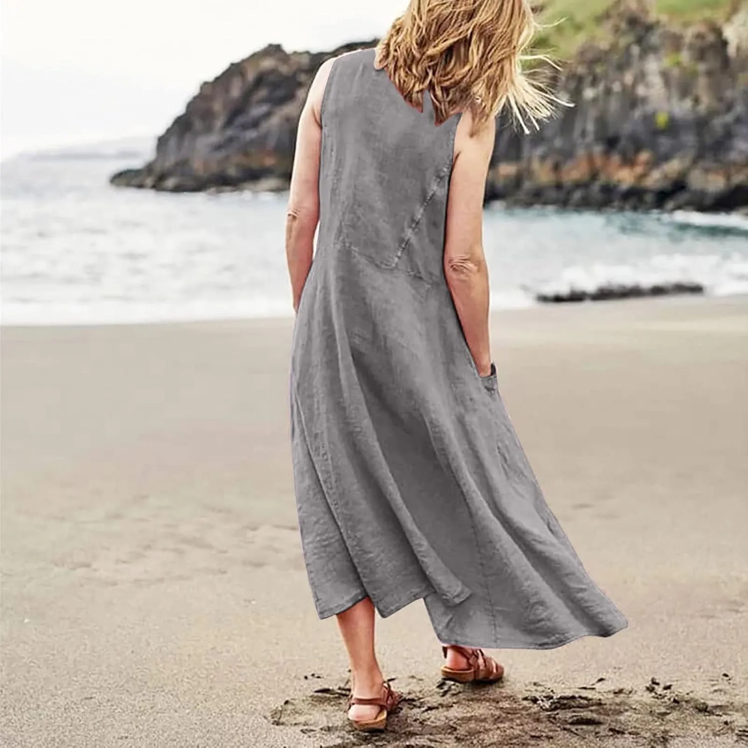 Linen Dresses for Women 2025 Boho Sleeveless Plus Size Maxi Dresses Summer Casual Vacation Beach Dresses with Pockets