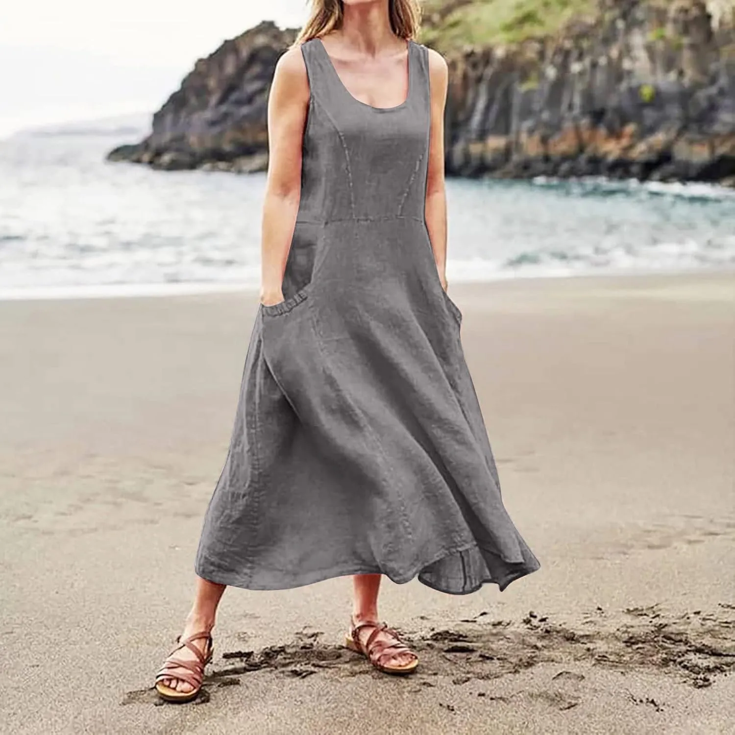 Linen Dresses for Women 2025 Boho Sleeveless Plus Size Maxi Dresses Summer Casual Vacation Beach Dresses with Pockets