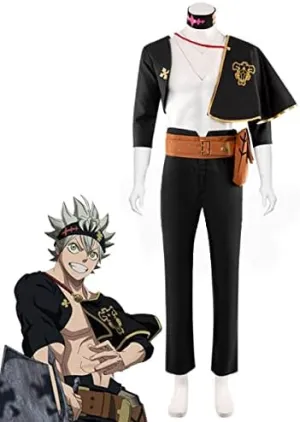 LoliMiss Men's Black Cosplay Clover Asta Costume Asta Jacket Cloak Pants Knight Outfits