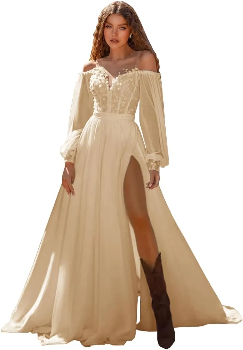 Long Sleeve Wedding Dress for Bride Off Shoulder Sweetheart Applique Chiffon Long Bridal Gown with Slit