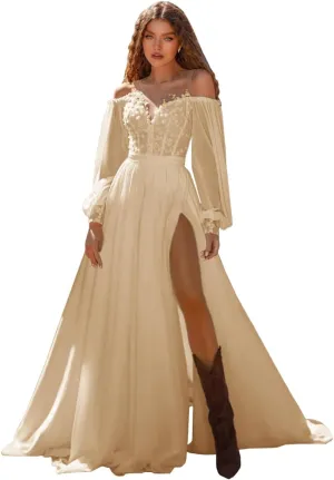 Long Sleeve Wedding Dress for Bride Off Shoulder Sweetheart Applique Chiffon Long Bridal Gown with Slit