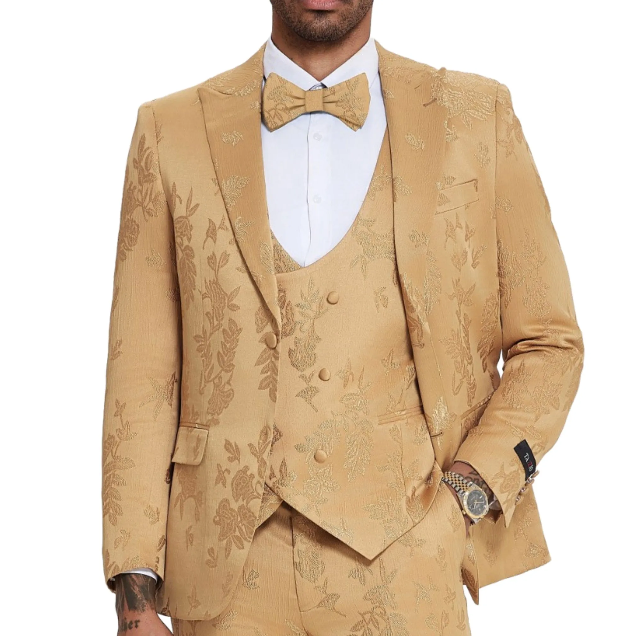 Luxurious All Gold Satin Paisley Suit - A Distinguished Selection for Prom and Wedding Seasons