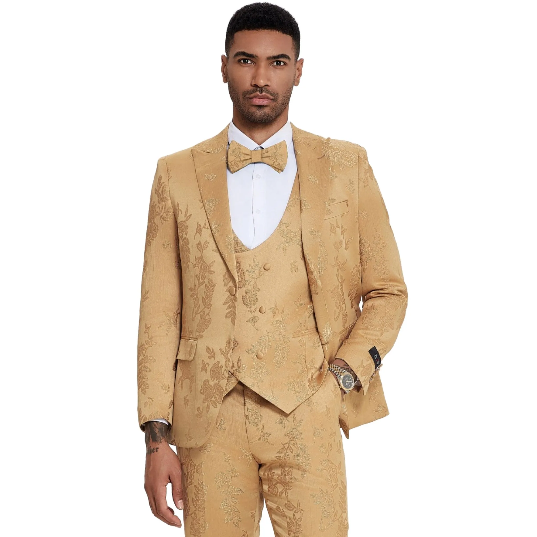 Luxurious All Gold Satin Paisley Suit - A Distinguished Selection for Prom and Wedding Seasons