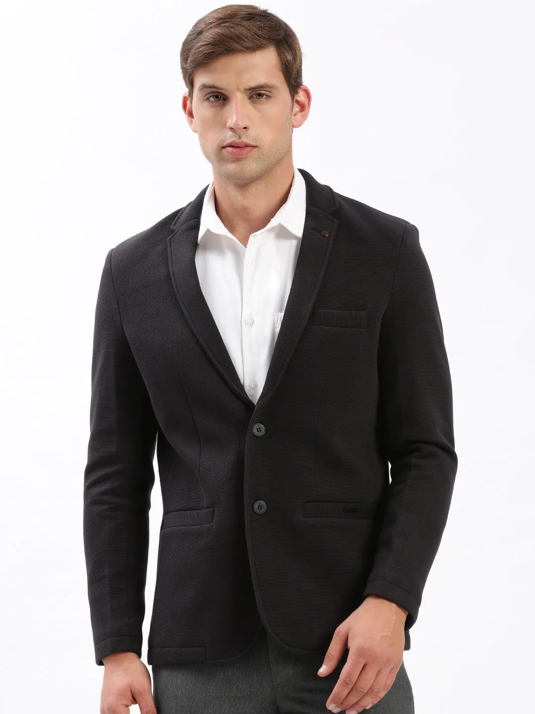 Men Black Slim Fit Notched Lapel Single-Breasted Casual Blazer