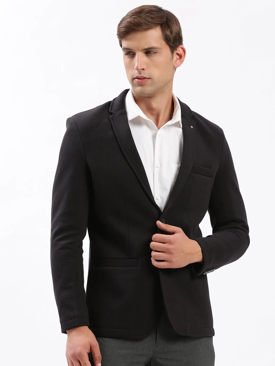 Men Black Slim Fit Notched Lapel Single-Breasted Casual Blazer