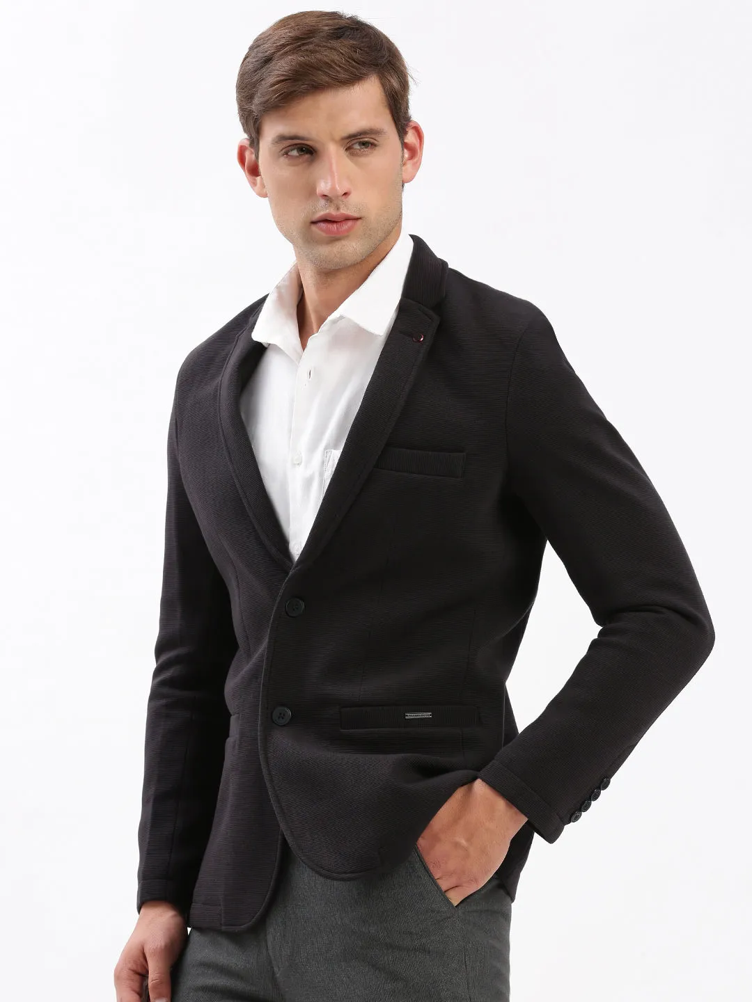 Men Black Slim Fit Notched Lapel Single-Breasted Casual Blazer