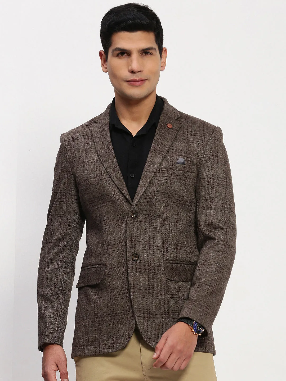 Men Brown Checked Single Breasted Blazer