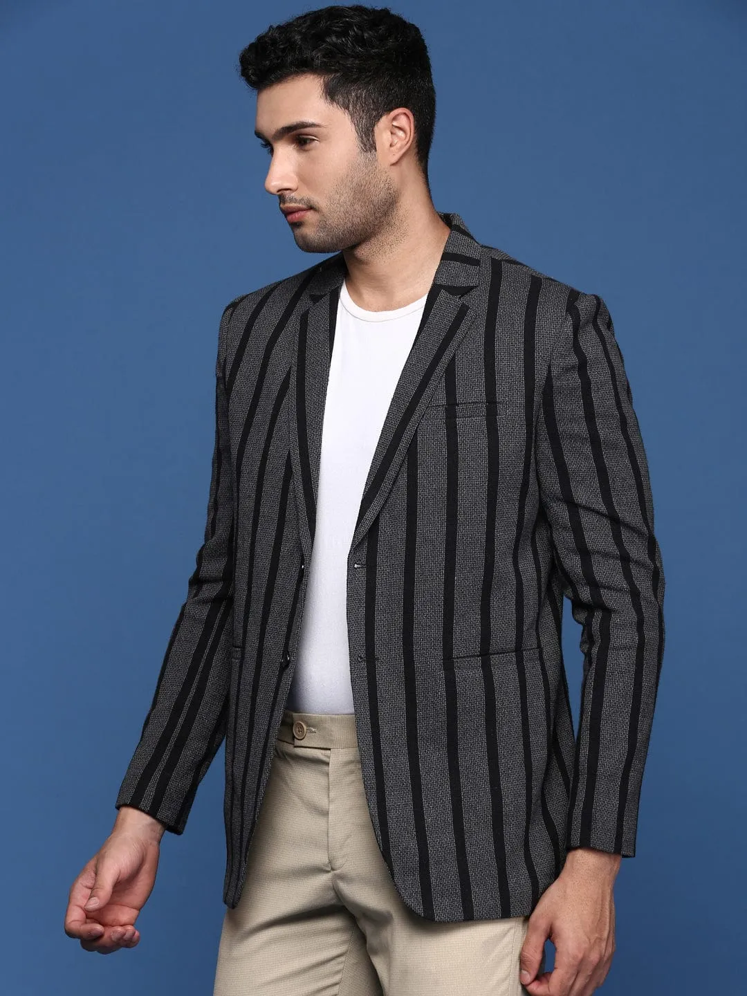 Men Charcoal Slim Fit Single Breasted Formal Blazer