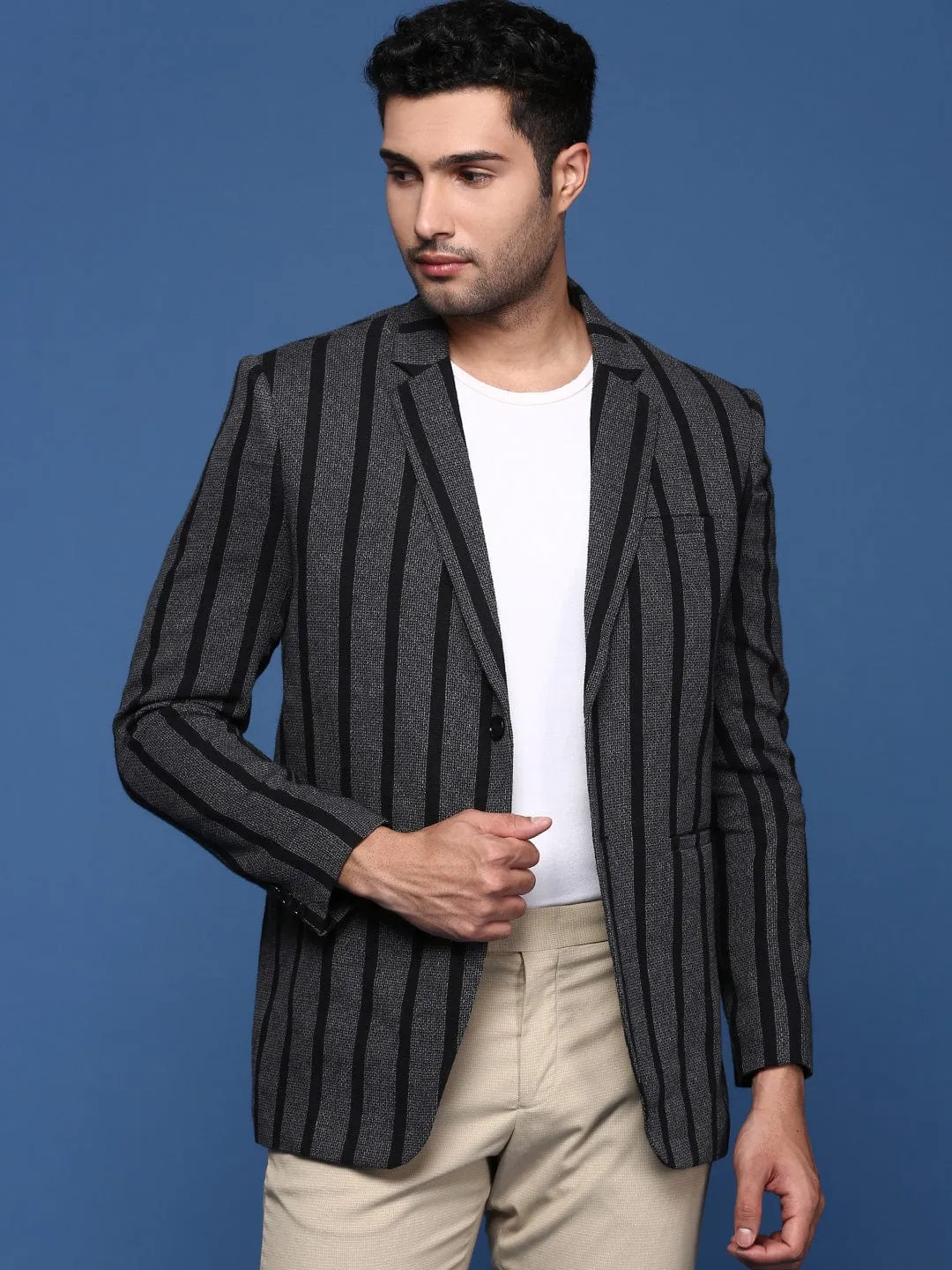 Men Charcoal Slim Fit Single Breasted Formal Blazer
