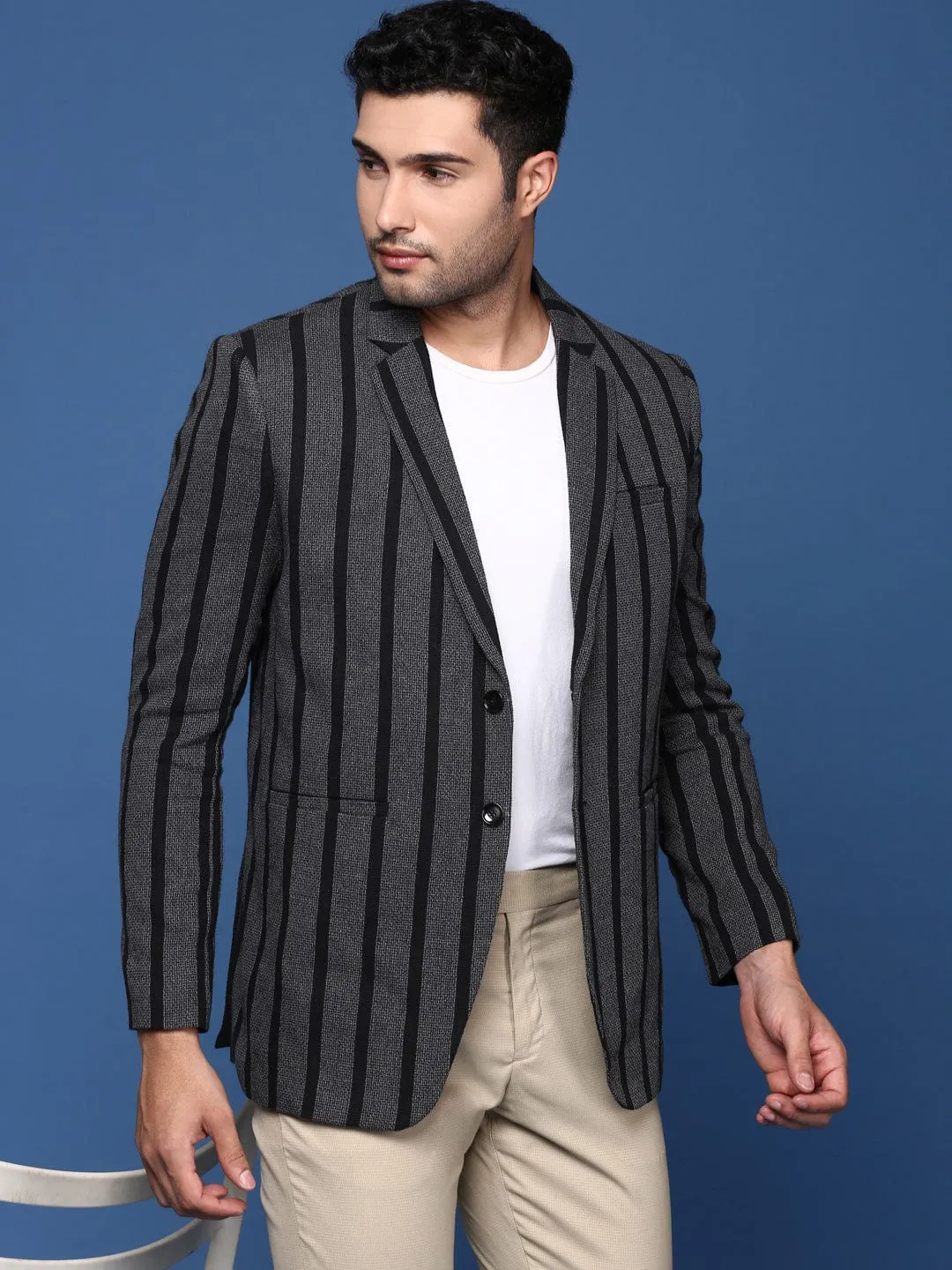 Men Charcoal Slim Fit Single Breasted Formal Blazer