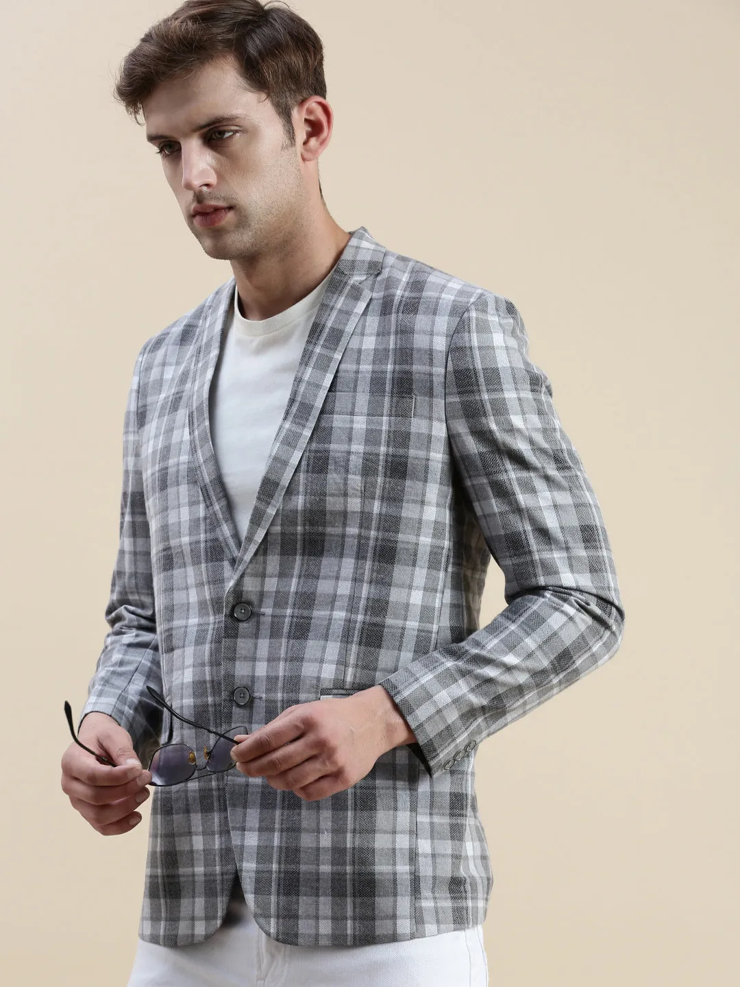 Men Grey Checked Notched Lapel Collar Single-Breasted Blazer