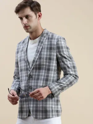 Men Grey Checked Notched Lapel Collar Single-Breasted Blazer
