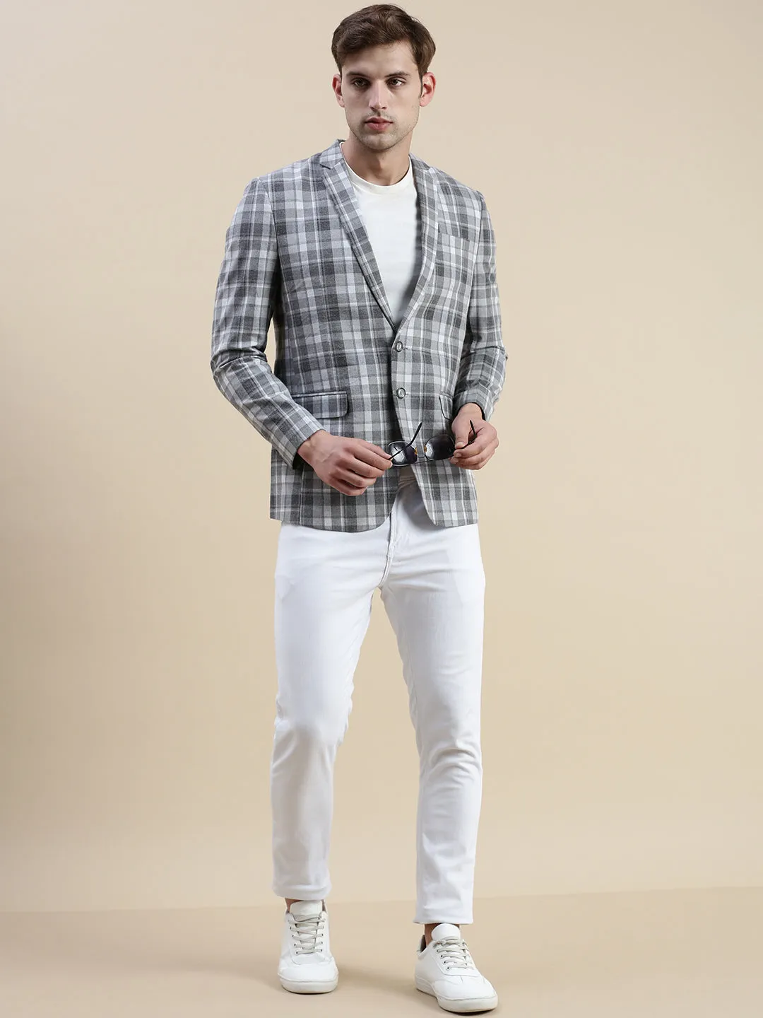 Men Grey Checked Notched Lapel Collar Single-Breasted Blazer