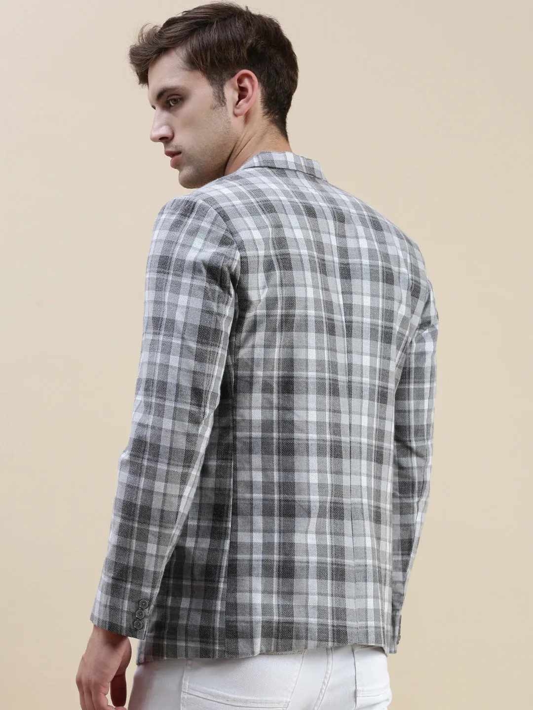 Men Grey Checked Notched Lapel Collar Single-Breasted Blazer