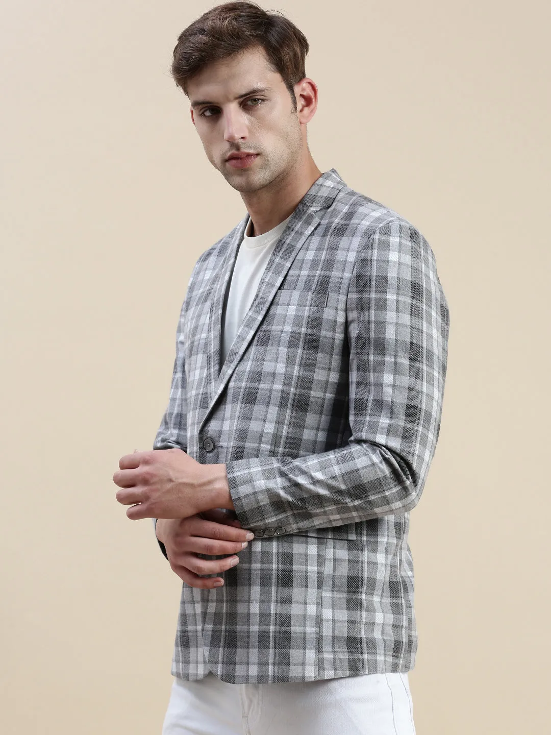 Men Grey Checked Notched Lapel Collar Single-Breasted Blazer