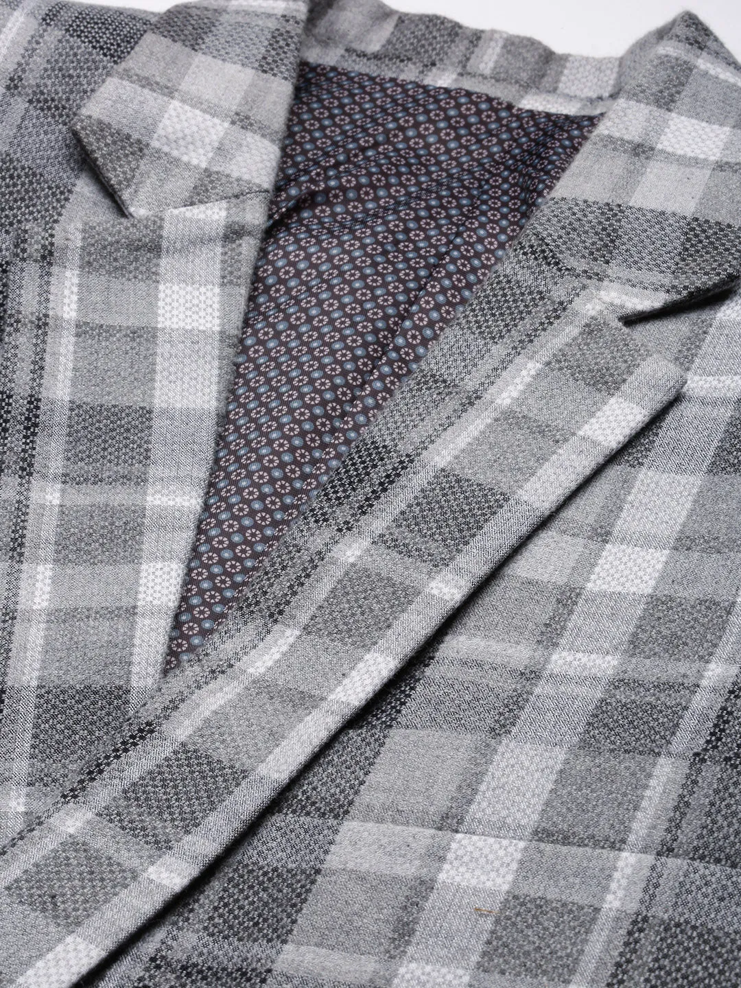 Men Grey Checked Notched Lapel Collar Single-Breasted Blazer