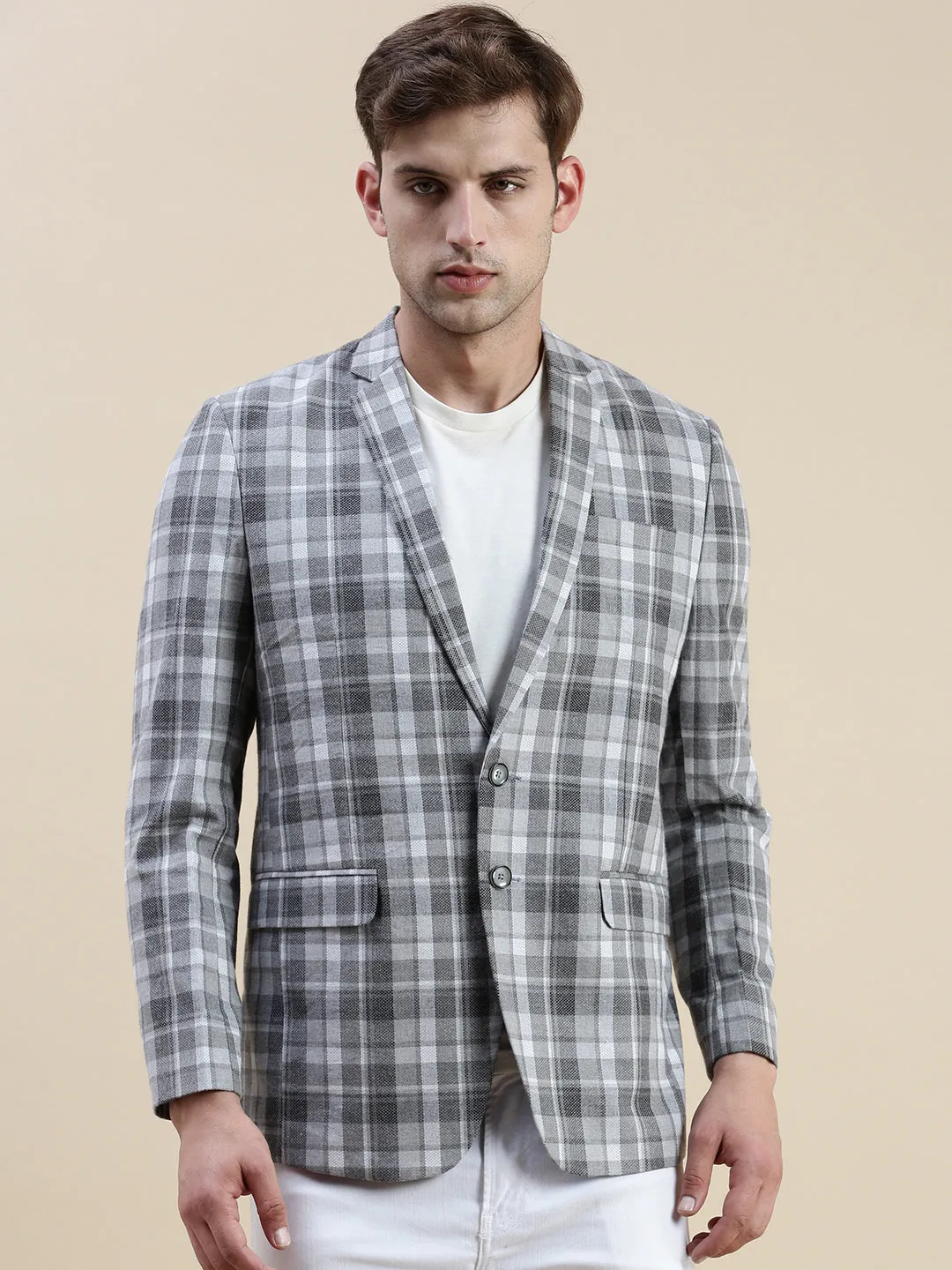 Men Grey Checked Notched Lapel Collar Single-Breasted Blazer