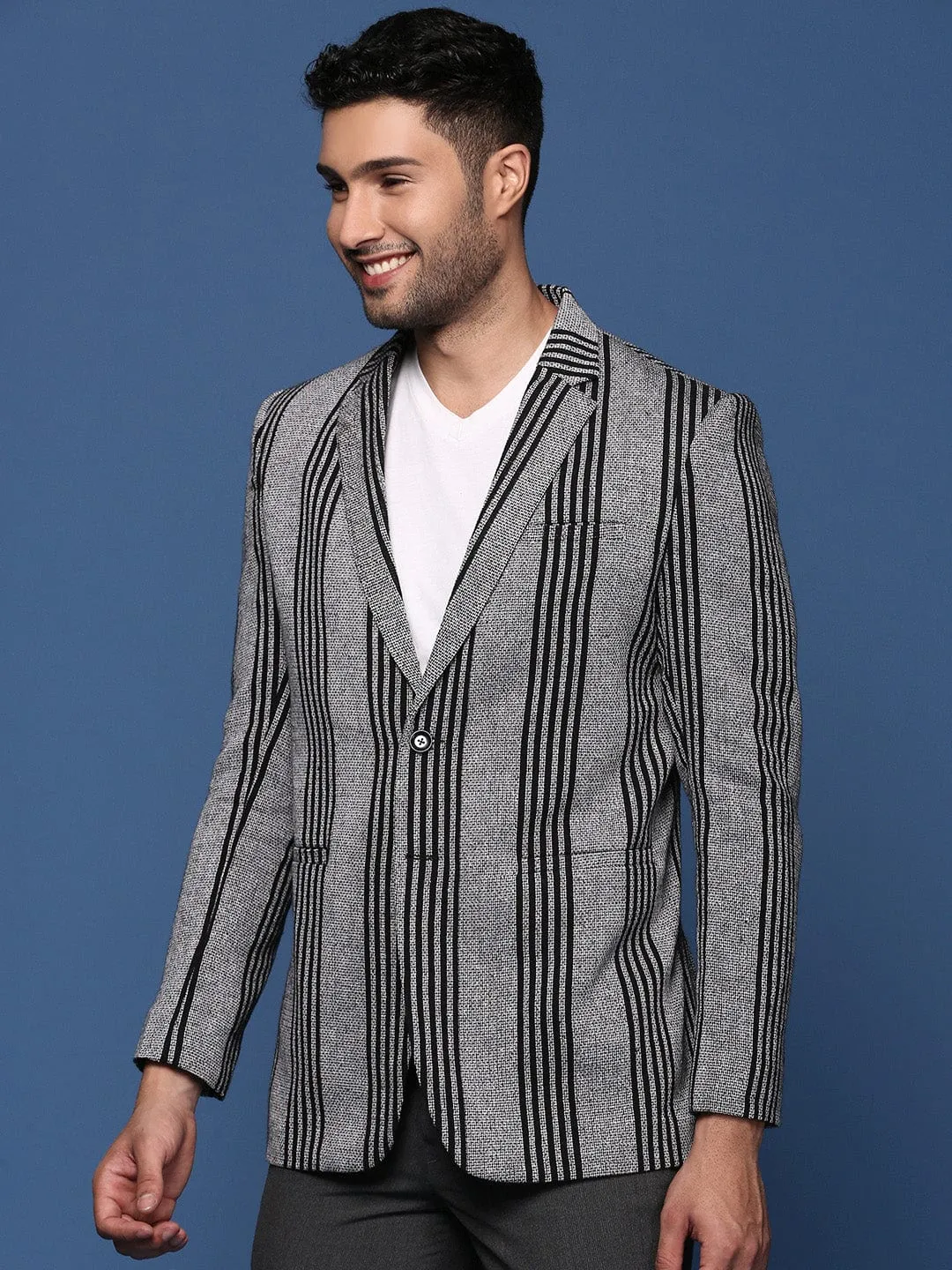 Men Grey Slim Fit Single Breasted Cotton Blazer