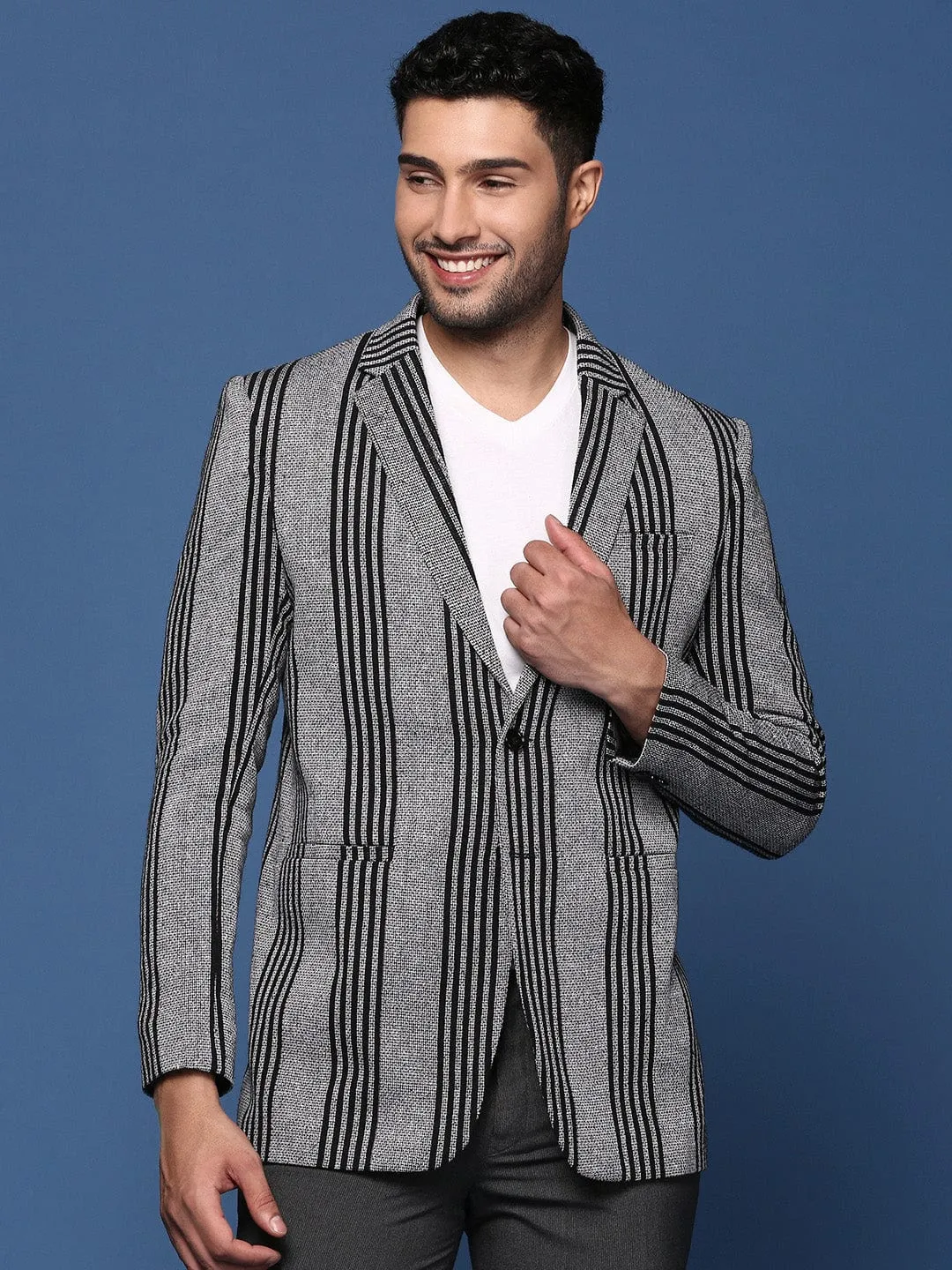 Men Grey Slim Fit Single Breasted Cotton Blazer