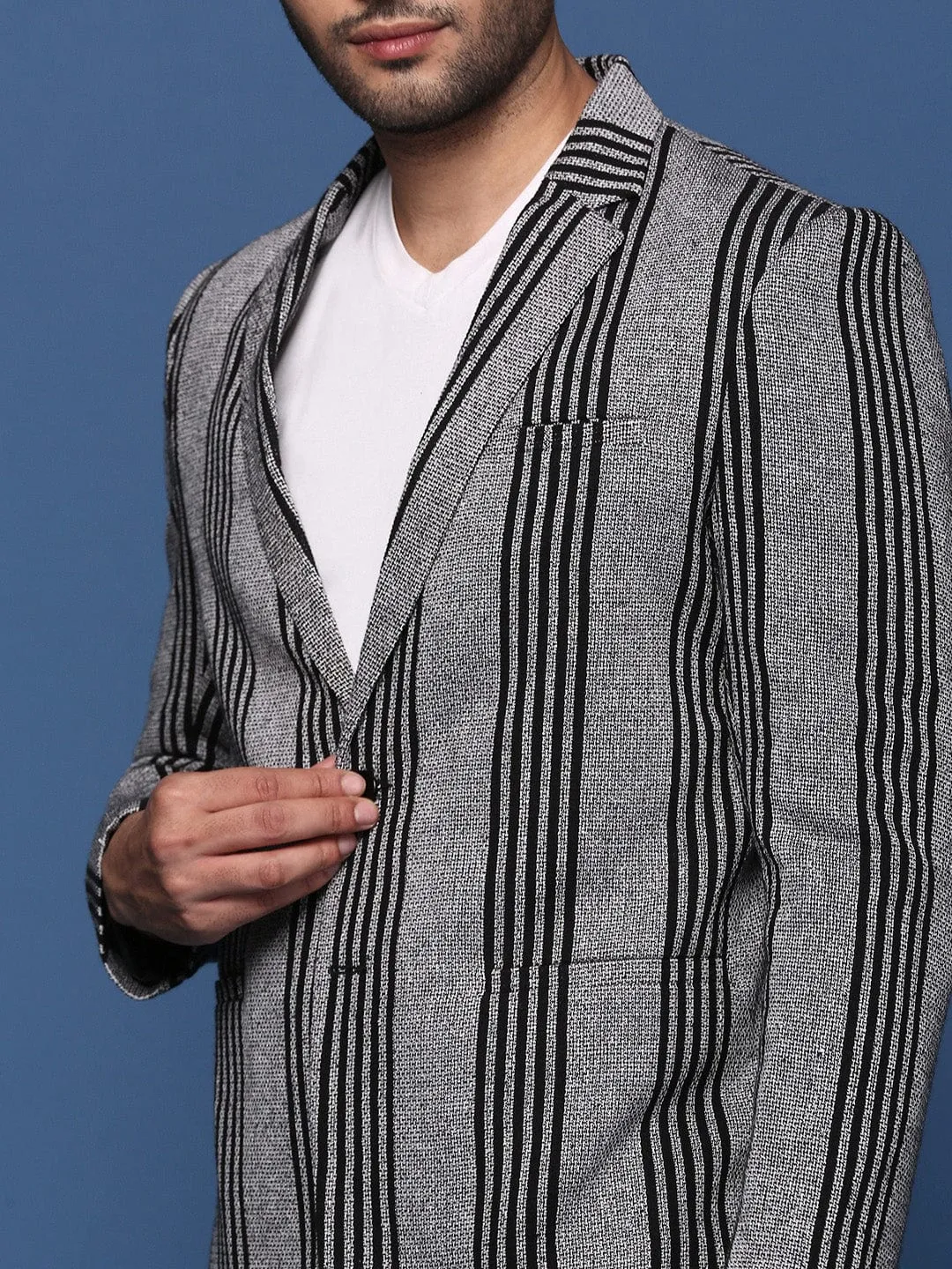 Men Grey Slim Fit Single Breasted Cotton Blazer