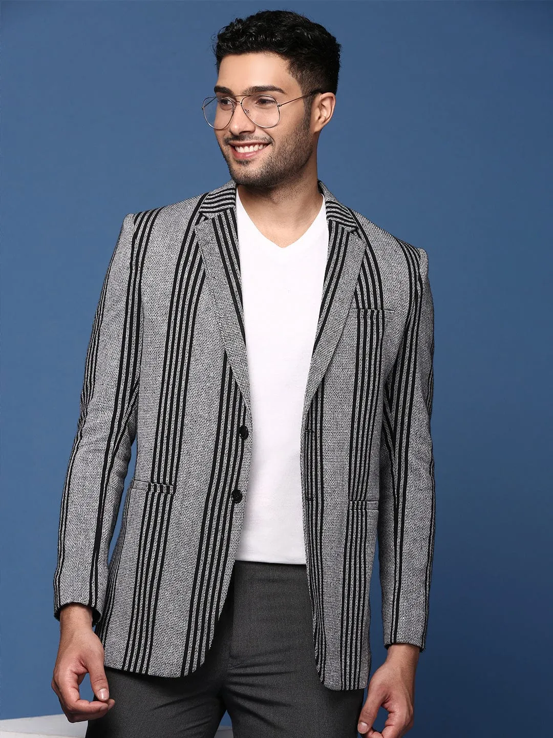 Men Grey Slim Fit Single Breasted Cotton Blazer