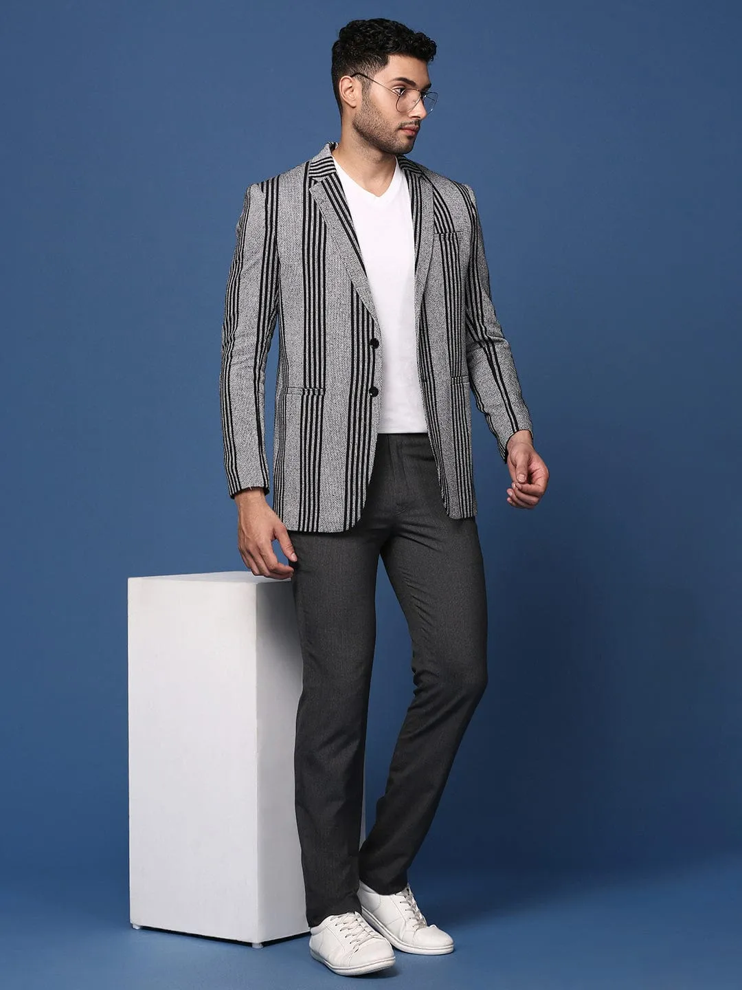 Men Grey Slim Fit Single Breasted Cotton Blazer